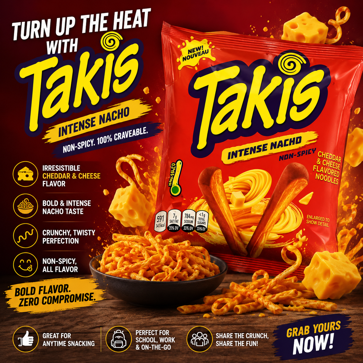 Takis Intense Nacho Corn Snacks | Cheddar & Cheese Flavored Crunchy Rolled Chips