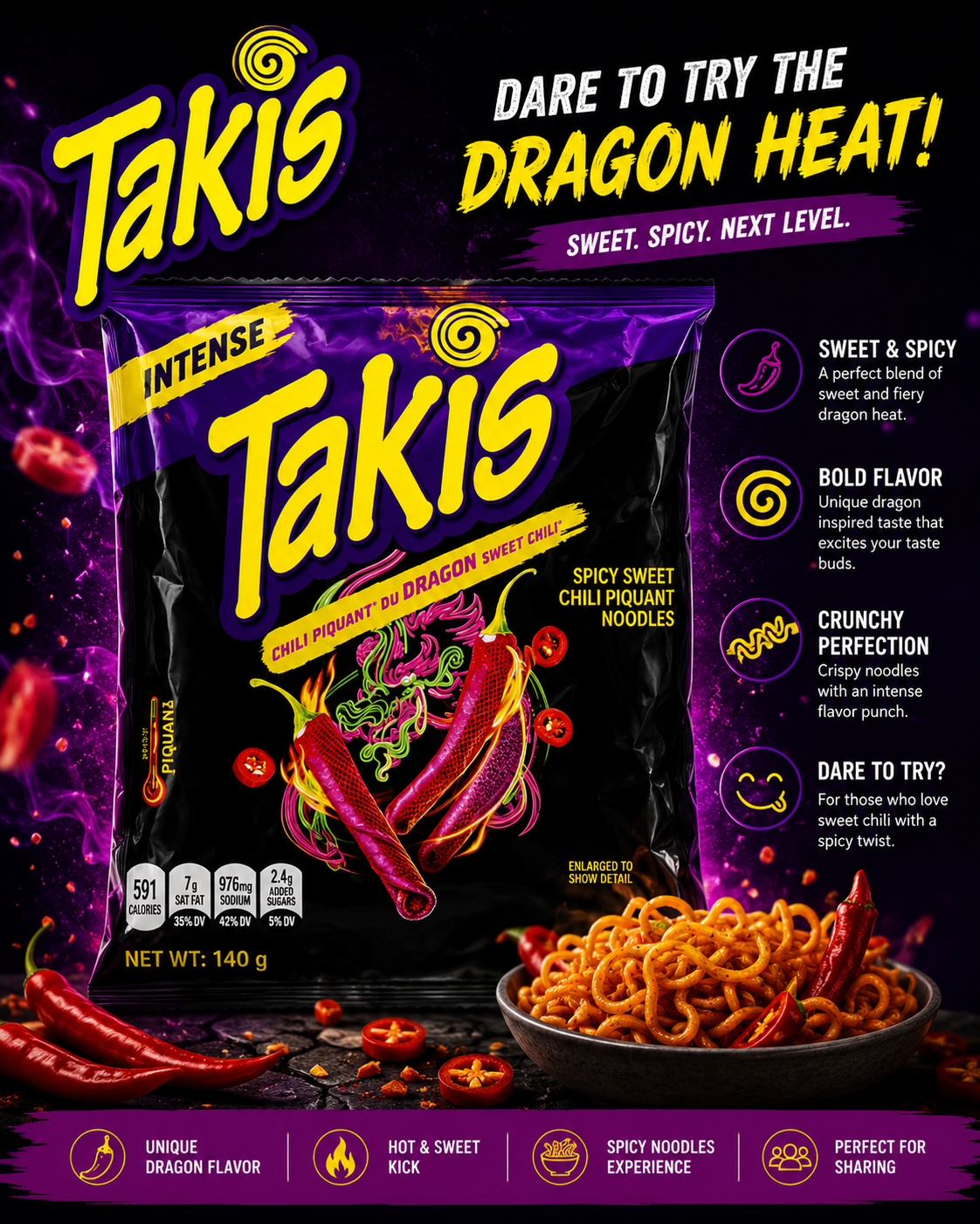 Takis Dragon Sweet Chili Noodles | Sweet & Spicy Chili Flavored Imported Snack Pack