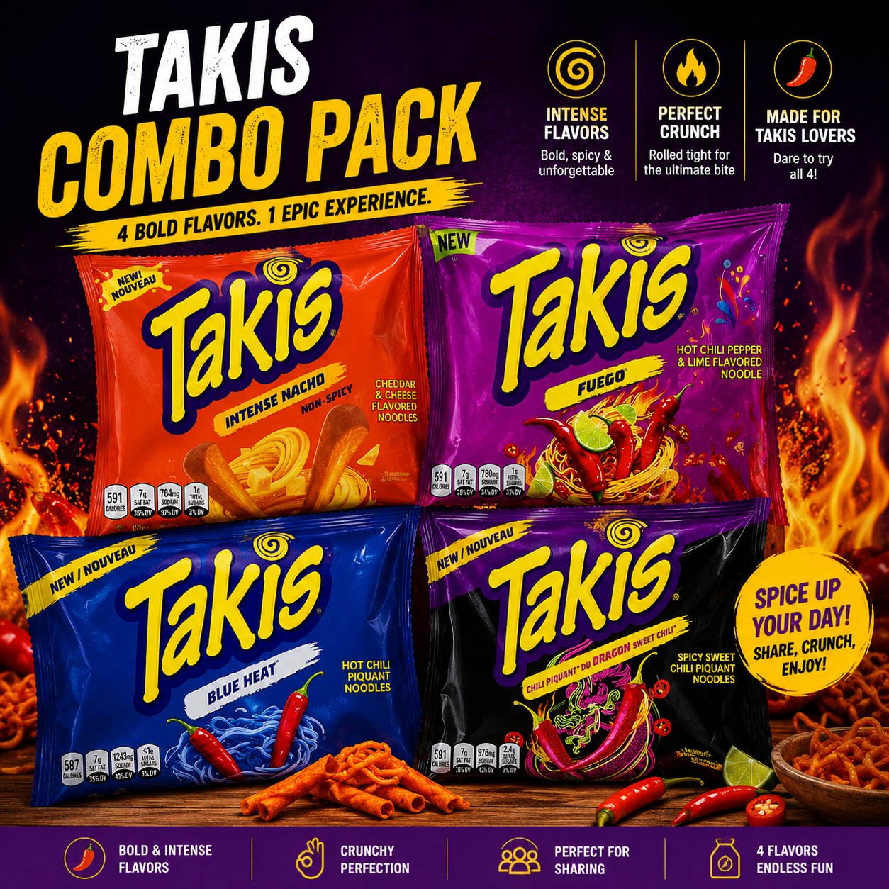 Takis Ultimate Combo Pack – Intense Nacho, Fuego, Blue Heat & Dragon Sweet Chili Noodles | Imported Snack Variety Pack