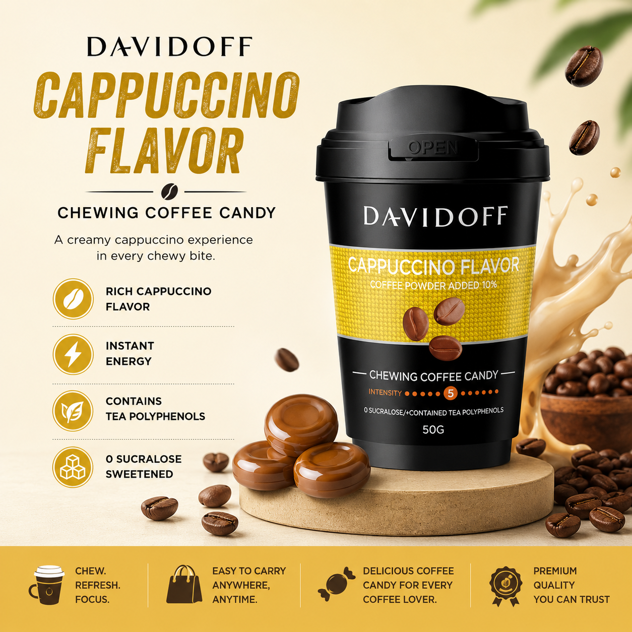 Davidoff Cappuccino Flavor Coffee Candy – Premium Rich Coffee Powder Candies