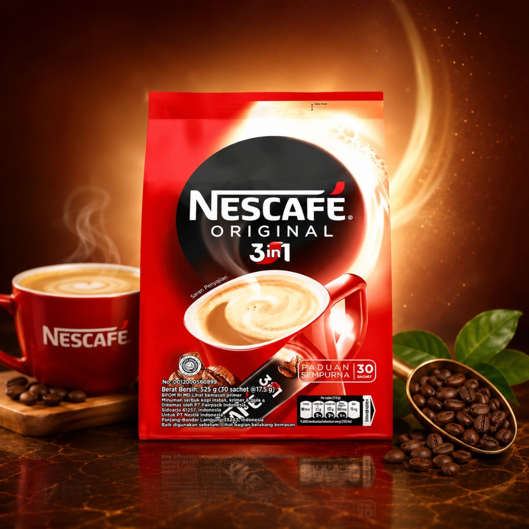 Nescafe 3 In 1 Original Soluble Coffee Beverage, 30 Sachets Bag Instant Coffee 525 G ground