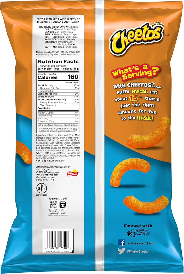 Frito-Lay Cheetos Puffs Cheese Flavored Snack, 9 Oz 255.1 G