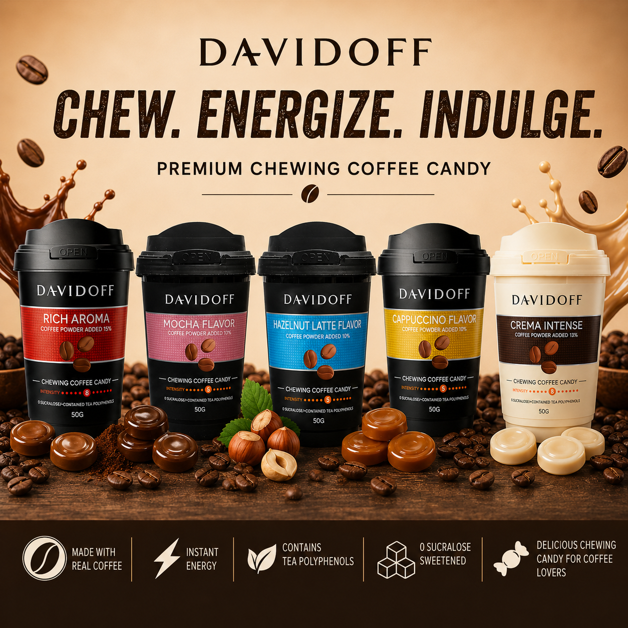 Davidoff Premium Coffee Candy Combo Pack – Cappuccino, Mocha, Hazelnut & Crema Intense Flavors