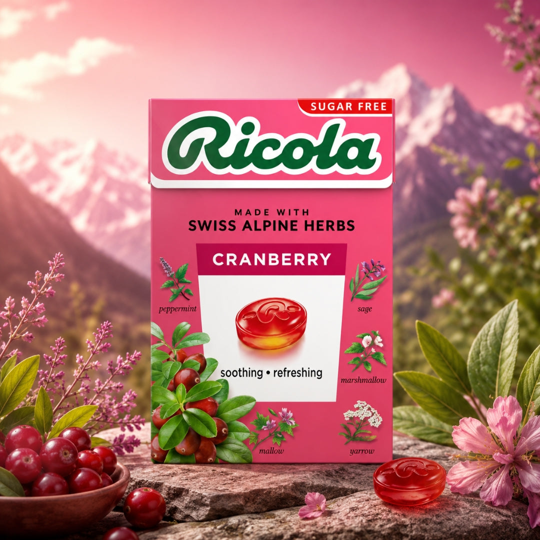 Ricola Tasty Cranberry Swiss Herb Lozenges Sugar Free Candy 40g Natural Herbal Throat Lozenges