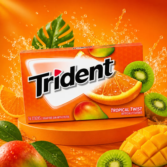 Trident Tropical Twist Sugar Free Gum with Xylitol – 14 Sticks Pack | Fruity Long-Lasting Freshness