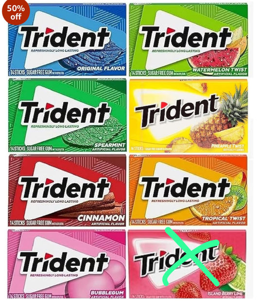 Trident Gum Variety Pack (Original,Watermelon,Spearmint,Peppermint,Cinnamon,Tropical,Bubble Gum,Berry Lime, Pineapple, Strawberry) Mix Flavour Each